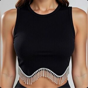 Zara top women’s rhinestone crystal fringe crop tank black size M-L.